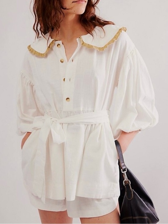 Free People Tops - Free People White Blouse with Gold Trim Collar